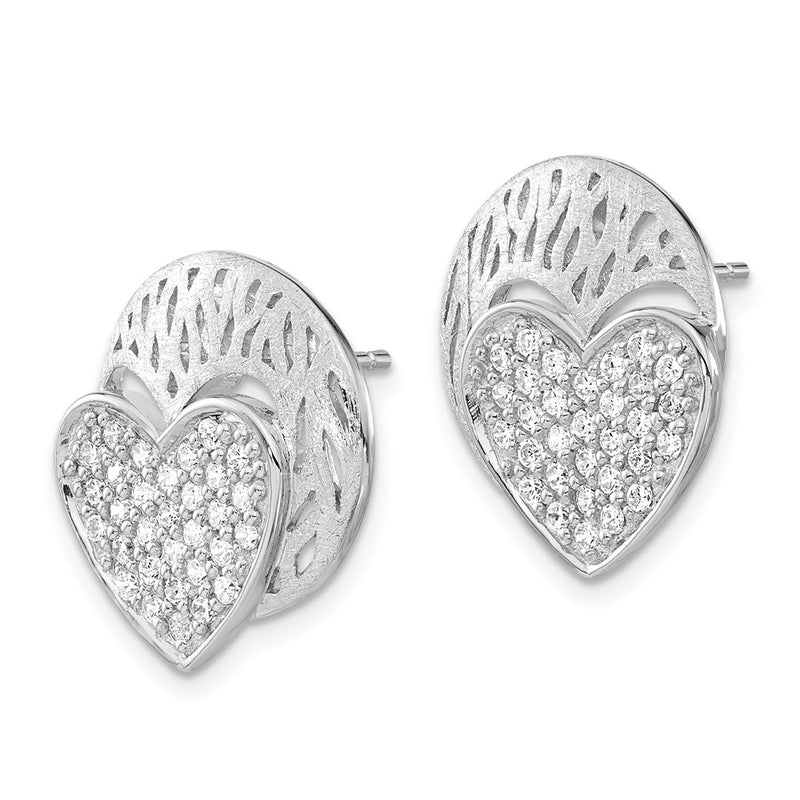 Sterling Silver Polished & Brushed Cz Heart Circle Post Earrings