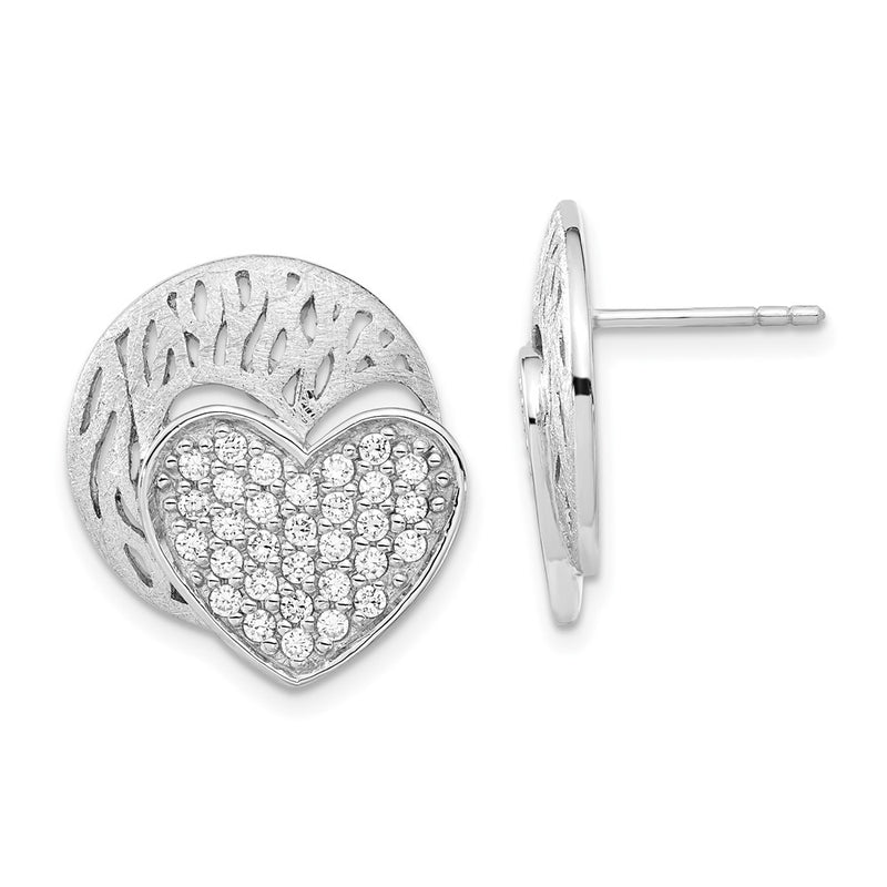 Sterling Silver Polished & Brushed Cz Heart Circle Post Earrings