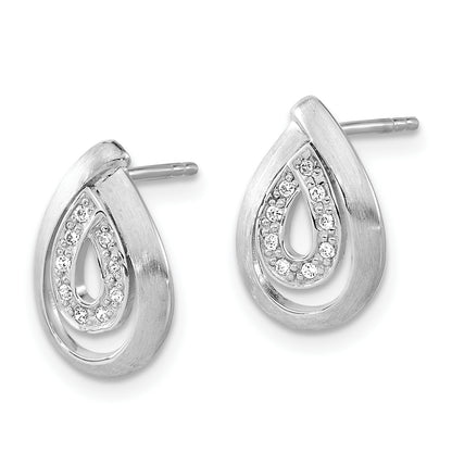Sterling Silver Brushed Cz Teardrop Post Earrings