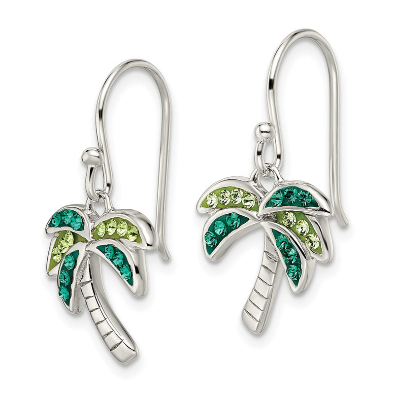 Sterling Silver Rhodium-Plated Polished Green Crystal Palm Tree Earrings