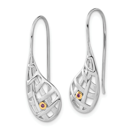 Ss/Gold Plated Sterling Silver Gold-Plated Polished & Satin Amethyst Criss Cross Teardrop Dangle Earrings