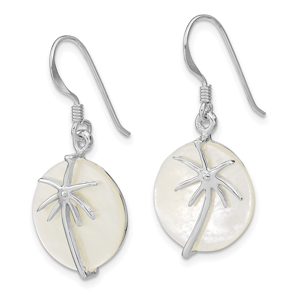 Sterling Silver Rhodium-Plated Polished Round Mother Of Pearl Palm Tree Earrings