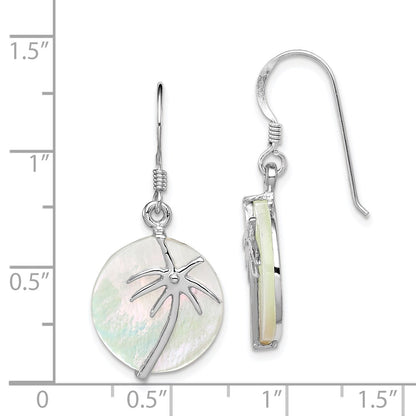 Sterling Silver Rhodium-Plated Polished Round Mother Of Pearl Palm Tree Earrings