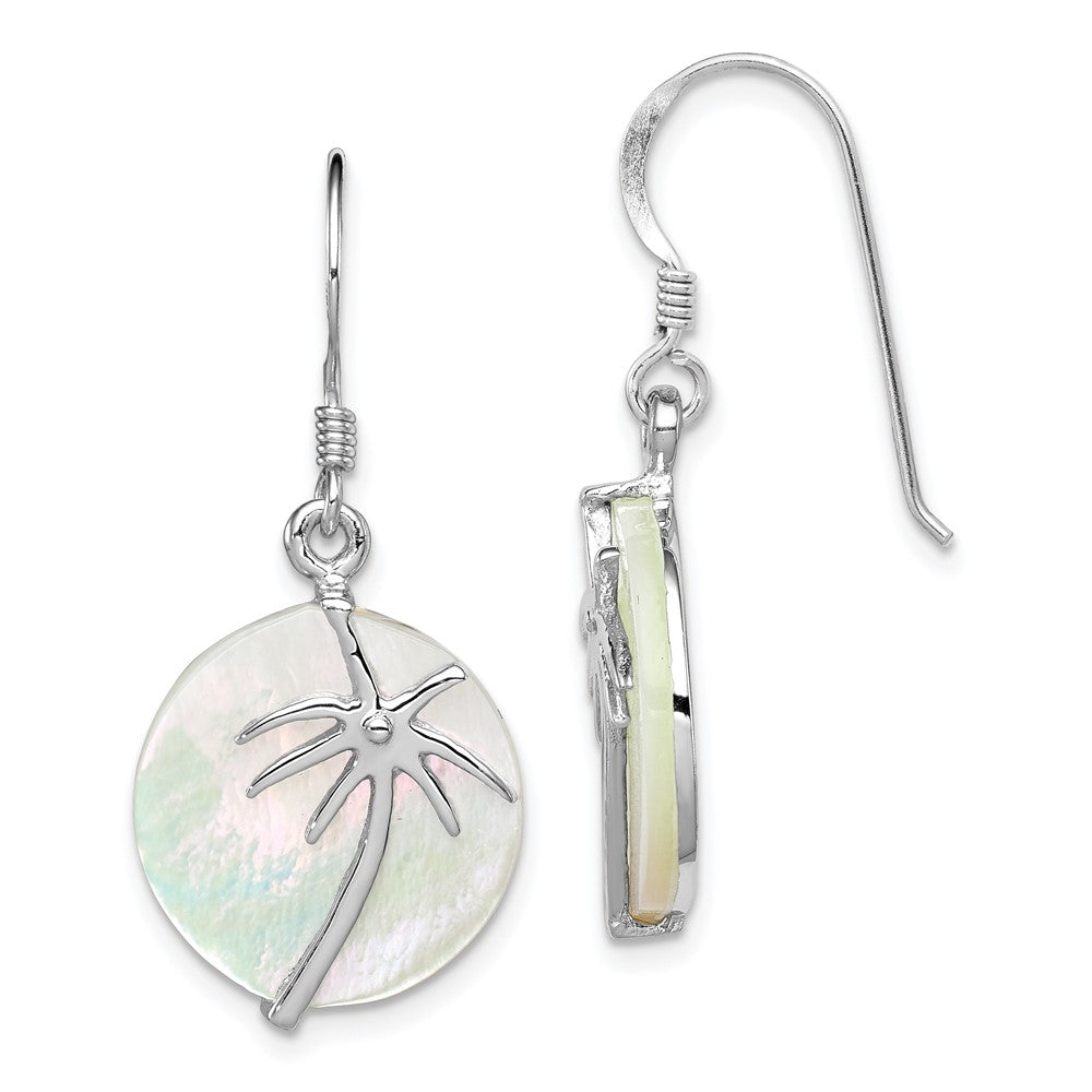 Sterling Silver Rhodium-Plated Polished Round Mother Of Pearl Palm Tree Earrings