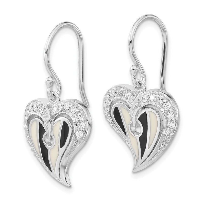 Sterling Silver Polished Black & White Enamel Cz Heart Dangle Earrings