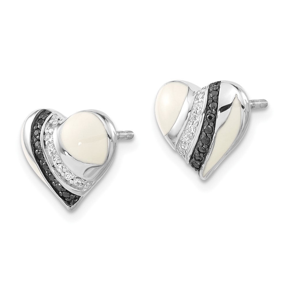 Sterling Silver Black Rhodium-Plated Enameled & Clear Cz Heart Post Earrings