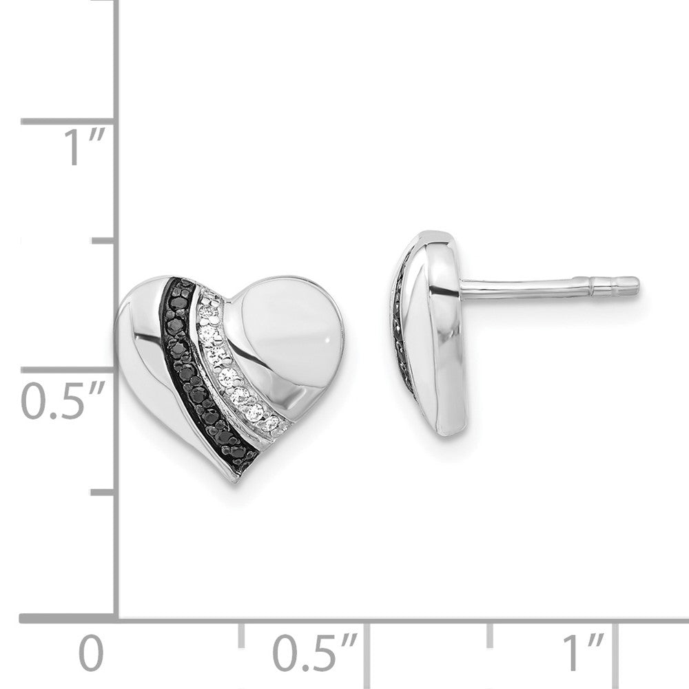 Sterling Silver Black Rhodium-Plated Enameled & Clear Cz Heart Post Earrings
