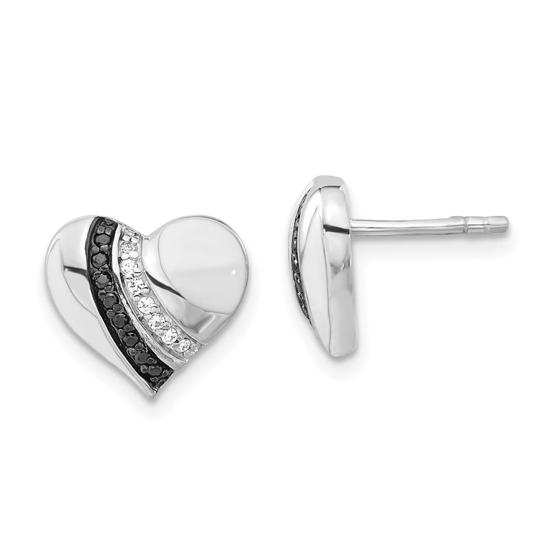 Sterling Silver Black Rhodium-Plated Enameled & Clear Cz Heart Post Earrings