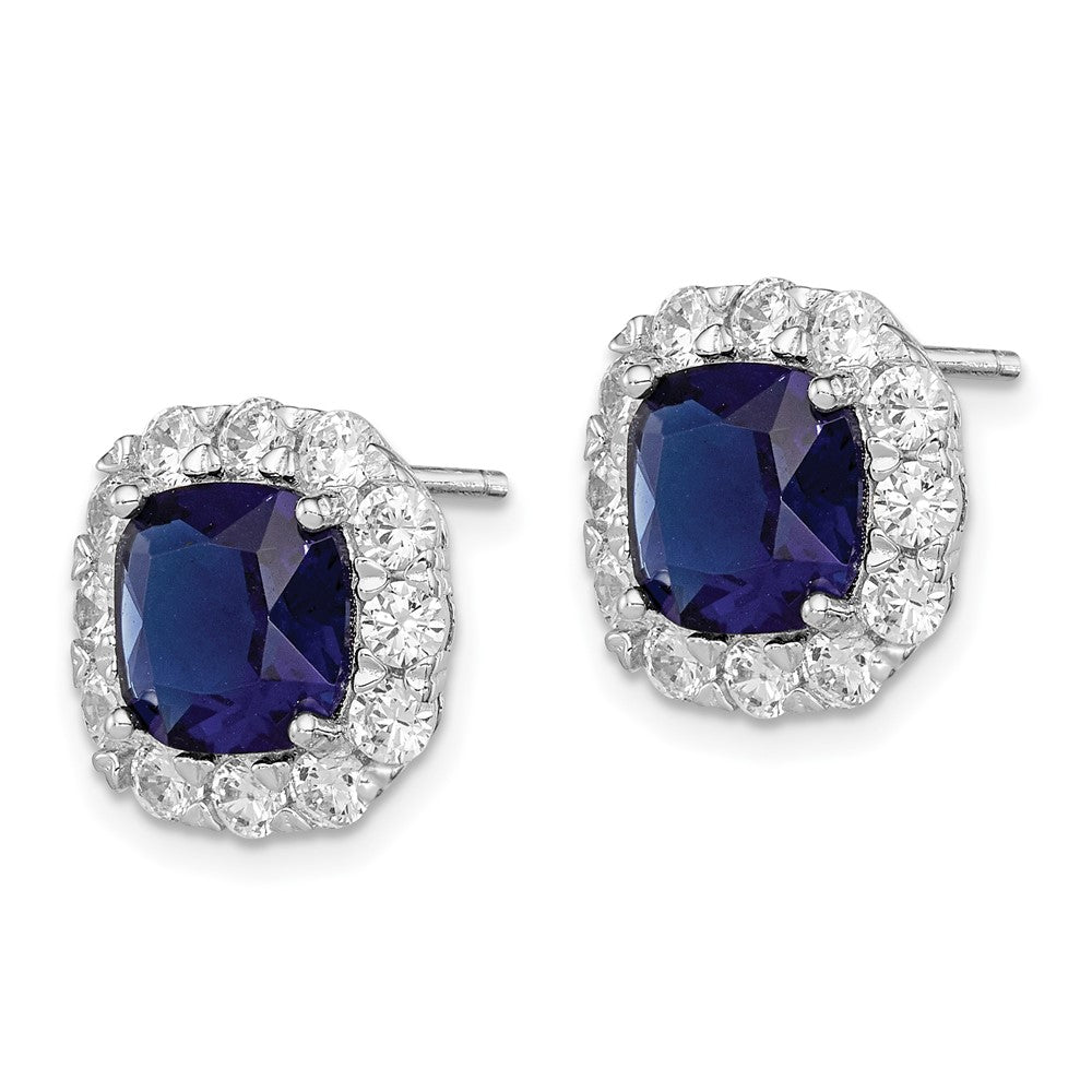 Sterling Silver Rhodium-Plated Blue Glass And Cz Post Earrings