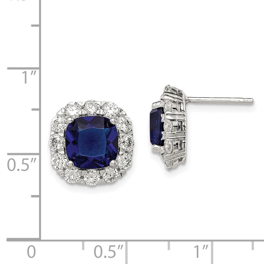 Sterling Silver Rhodium-Plated Blue Glass And Cz Post Earrings
