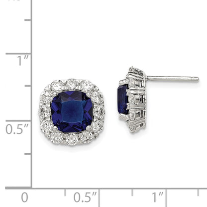 Sterling Silver Rhodium-Plated Blue Glass And Cz Post Earrings