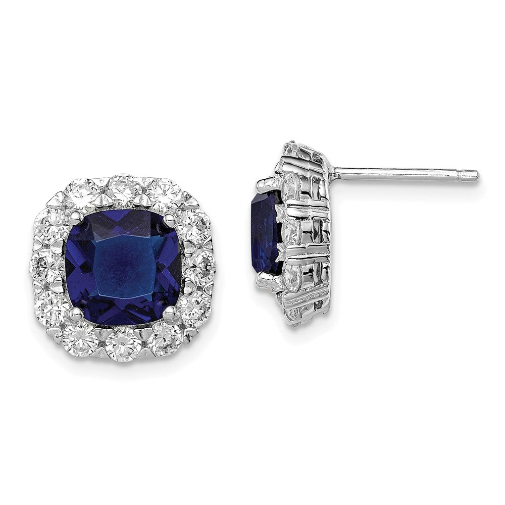 Sterling Silver Rhodium-Plated Blue Glass And Cz Post Earrings