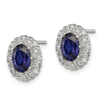 Sterling Silver Rh-Plated Cz And Created Sapphire Oval Halo Post Earring