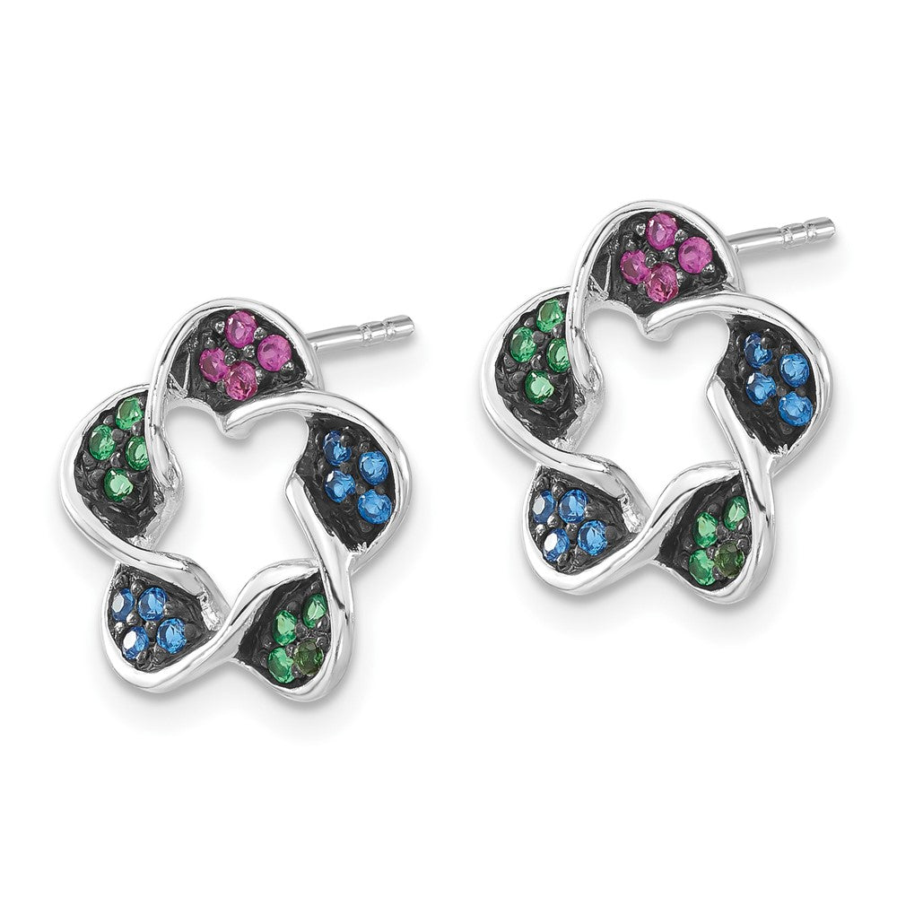 Sterling Silver W/ Black Rhodium Polished Synthetic Stones Flower Post Earrings