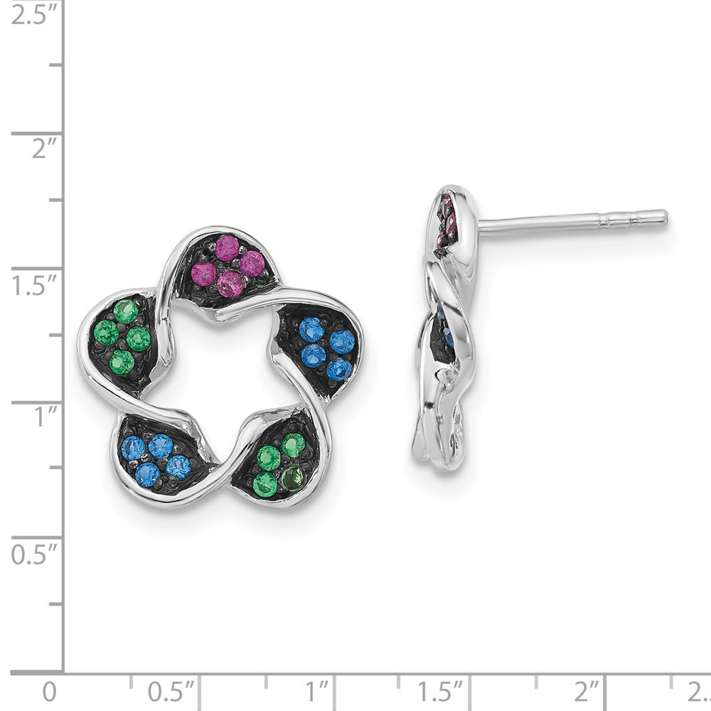 Sterling Silver W/ Black Rhodium Polished Synthetic Stones Flower Post Earrings