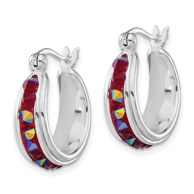 Sterling Silver Polished Pink Crystal Round Hoop Earrings