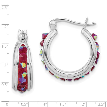Sterling Silver Polished Pink Crystal Round Hoop Earrings