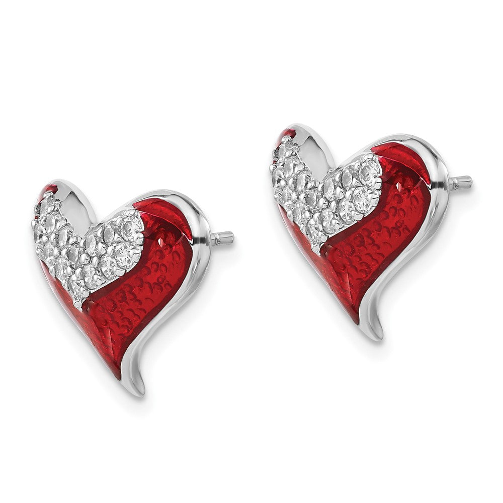 Sterling Silver Polished Red Enamel Cz Heart Post Earrings