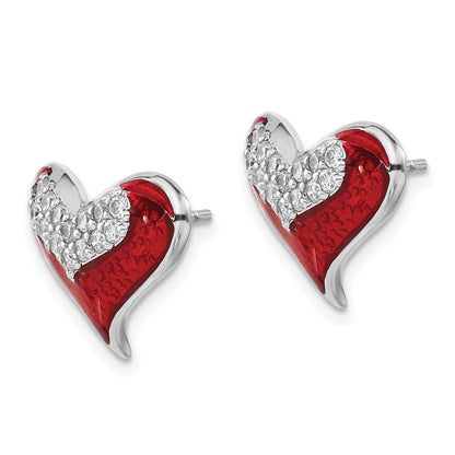 Sterling Silver Polished Red Enamel Cz Heart Post Earrings