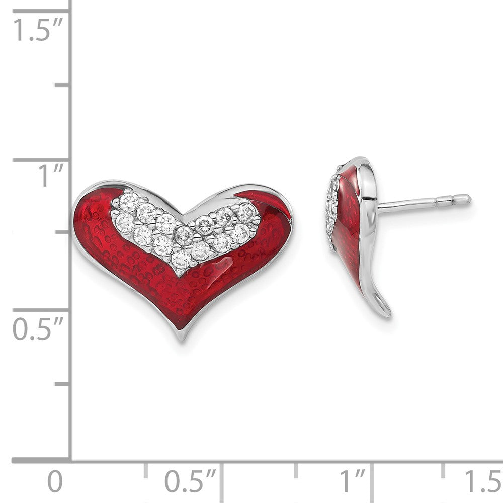 Sterling Silver Polished Red Enamel Cz Heart Post Earrings