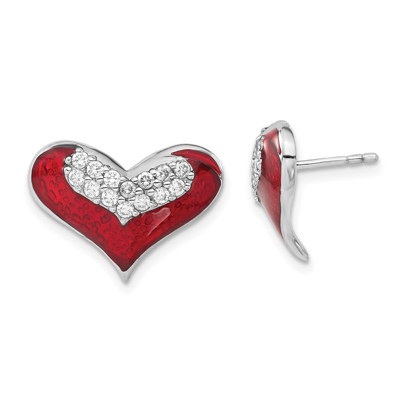Sterling Silver Polished Red Enamel Cz Heart Post Earrings
