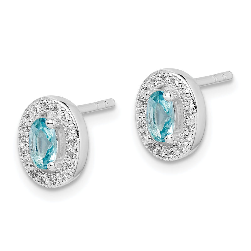 Sterling Silver Rhod-Plated W/ Light Blue And White Cz Oval Earrings