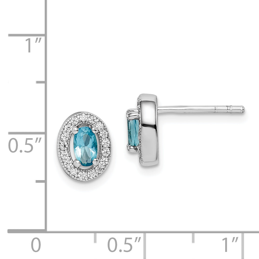 Sterling Silver Rhod-Plated W/ Light Blue And White Cz Oval Earrings