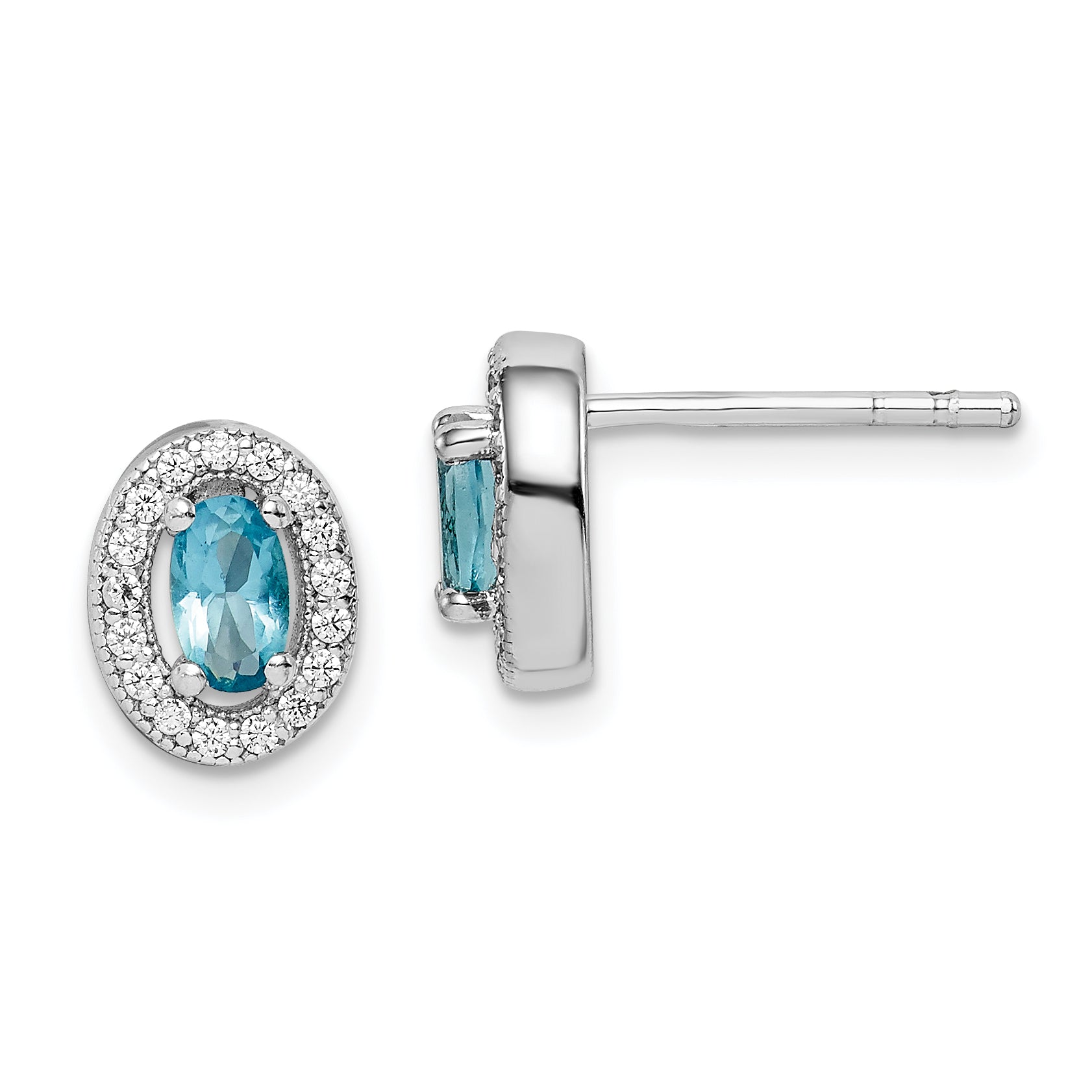 Sterling Silver Rhod-Plated W/ Light Blue And White Cz Oval Earrings