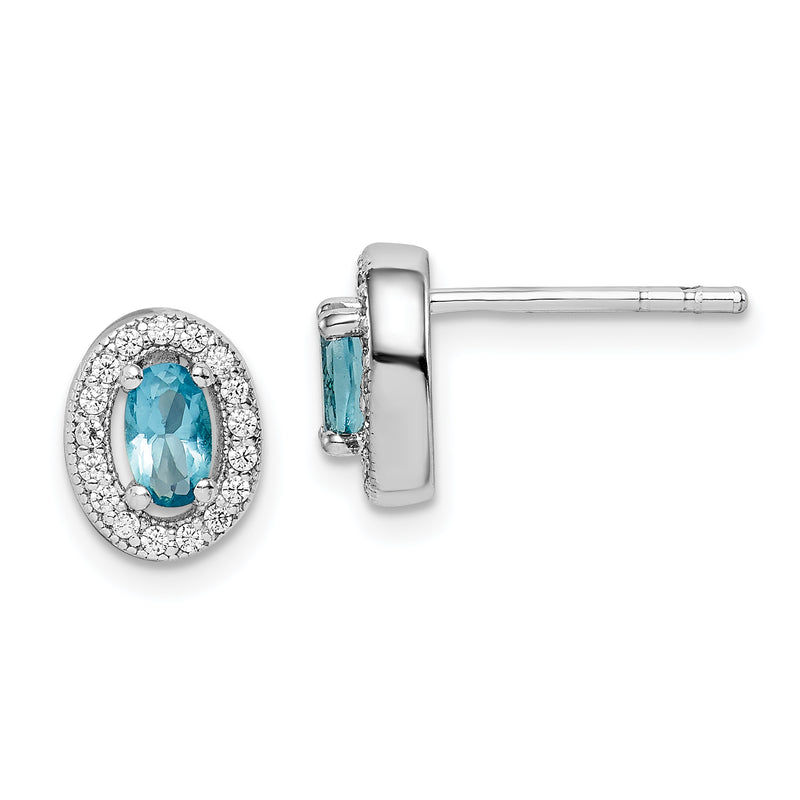 Sterling Silver Rhod-Plated W/ Light Blue And White Cz Oval Earrings