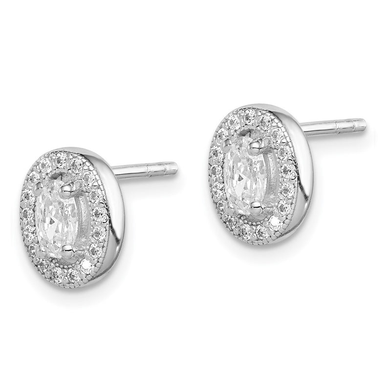 Sterling Silver Rhodium-Plated W/ Cz Oval Stud Earrings