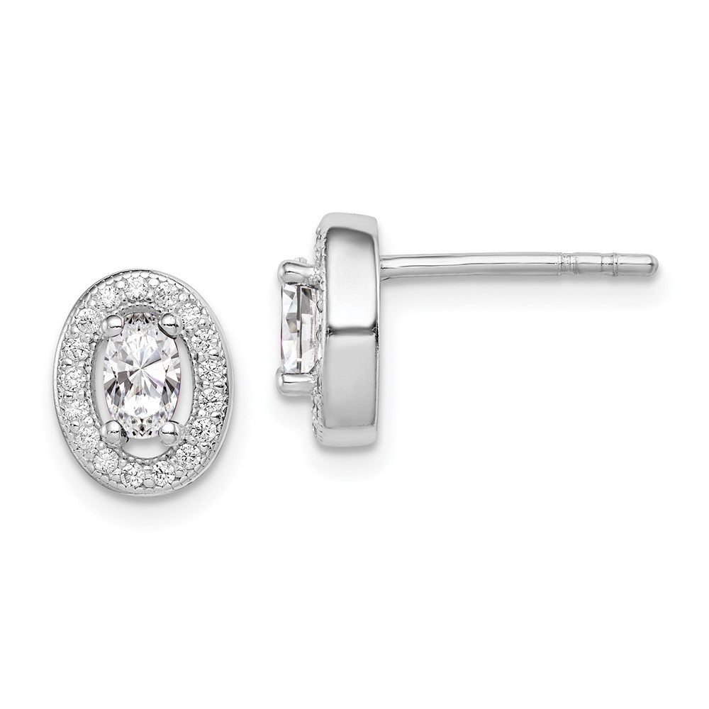 Sterling Silver Rhodium-Plated W/ Cz Oval Stud Earrings