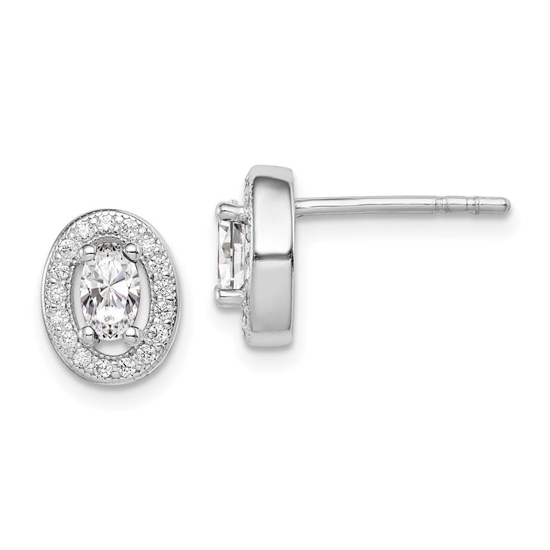 Sterling Silver Rhodium-Plated W/ Cz Oval Stud Earrings