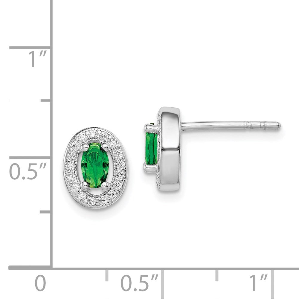 Sterling Silver Rhod-Plated W/ Green And White Cz Oval Stud Earrings