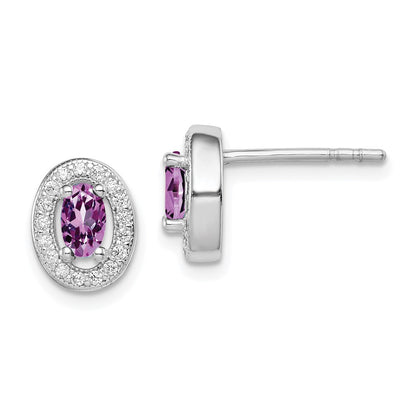 Sterling Silver Rhod-Pltd June Purple And White Cz Oval Post Earrings
