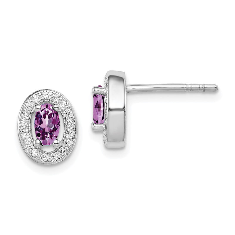 Sterling Silver Rhod-Pltd June Purple And White Cz Oval Post Earrings