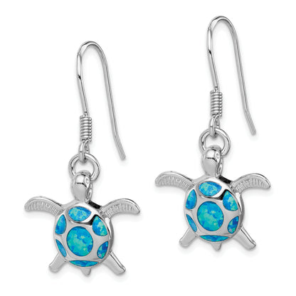 Sterling Silver Rhodium-Plated Polished Created Blue Opal Turtle Shepherd Hook Earrings