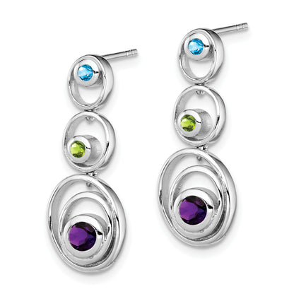 Sterling Silver Rhodium-Plated Peridot Blue Topaz And Amethyst Earrings