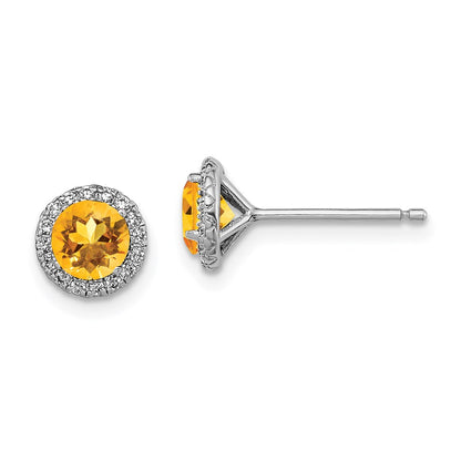 Sterling Silver Rhodium-Plated Citrine And Cz Post Earrings