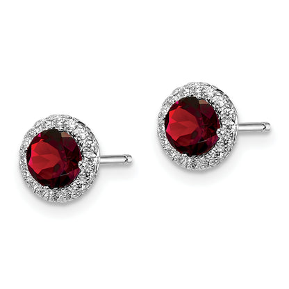 Sterling Silver Rhodium-Plated Garnet And Cz Post Earrings