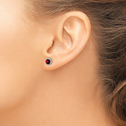 Sterling Silver Rhodium-Plated Garnet And Cz Post Earrings
