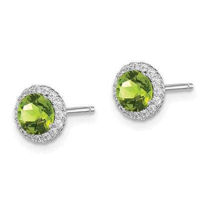 Sterling Silver Rhodium-Plated Peridot And Cz Post Earrings