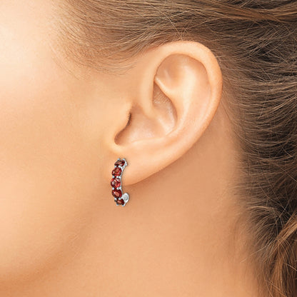 Sterling Silver Rhodium-Plated Garnet J-Hoop Earrings