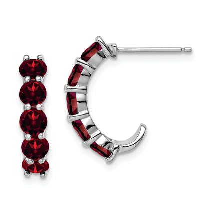 Sterling Silver Rhodium-Plated Garnet J-Hoop Earrings
