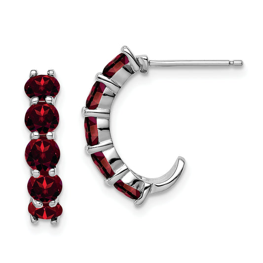 Sterling Silver Rhodium-Plated Garnet J-Hoop Earrings