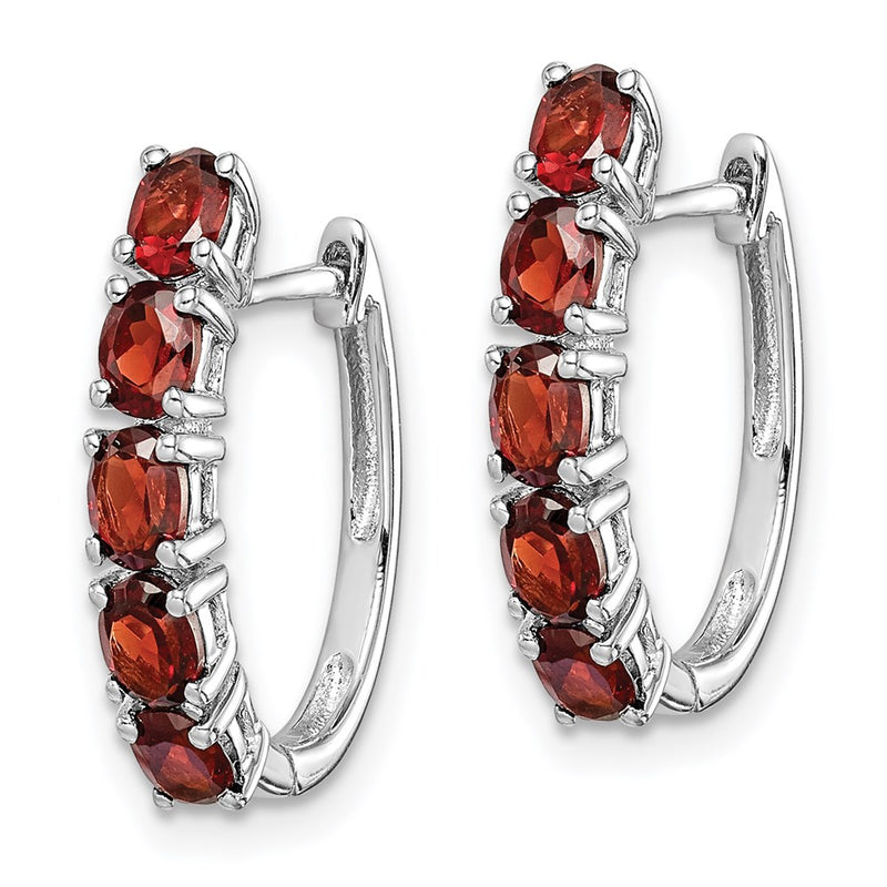 Sterling Silver Rhodium-Plated Polished Garnet Hinged Hoop Earrings