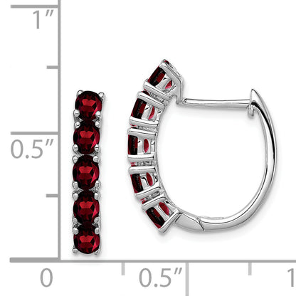 Sterling Silver Rhodium-Plated Polished Garnet Hinged Hoop Earrings