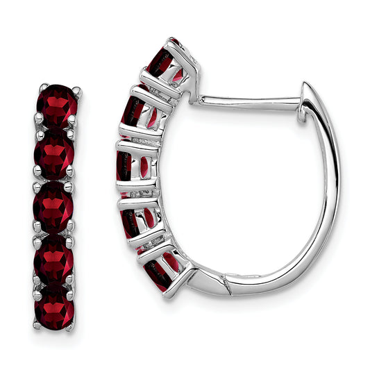 Sterling Silver Rhodium-Plated Polished Garnet Hinged Hoop Earrings