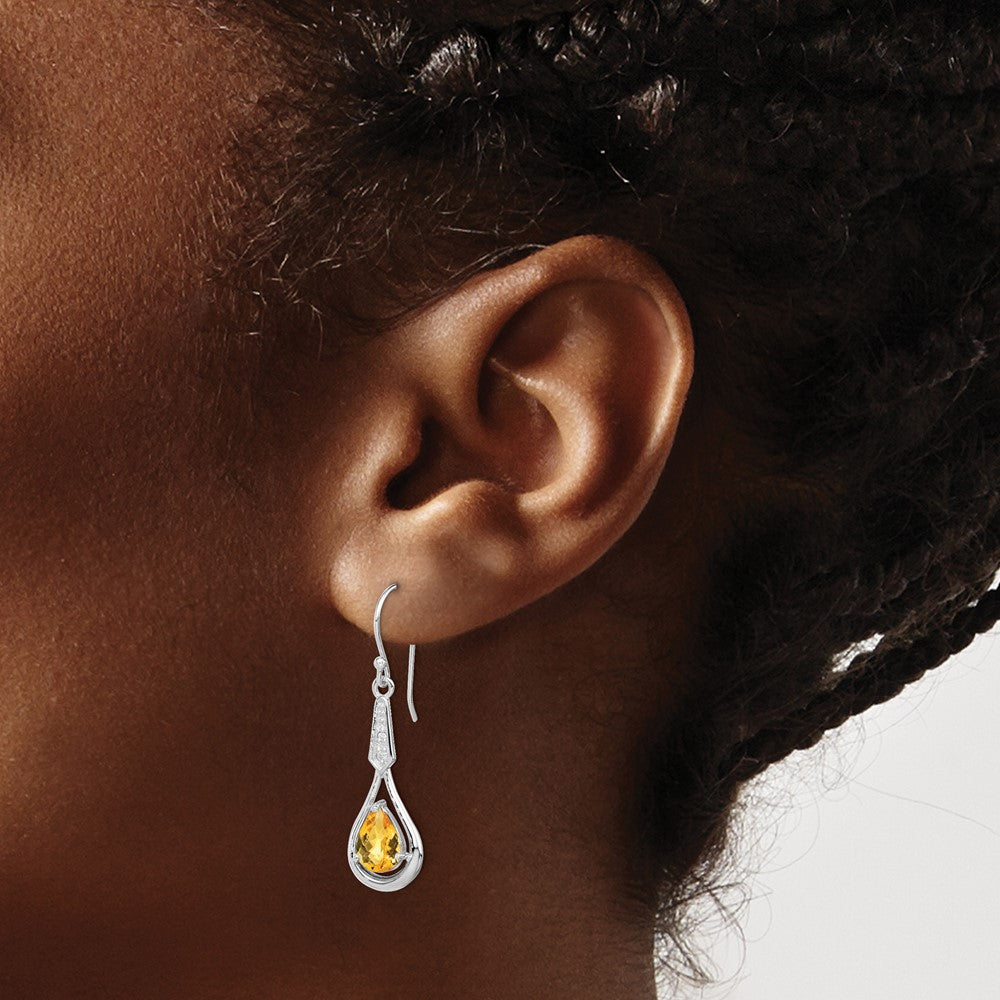 Sterling Silver Rhodium-Plated Cz And Citrine Dangle Earrings