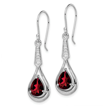 Sterling Silver Rhodium-Plated Cz And Garnet Shepherd Hook Earrings