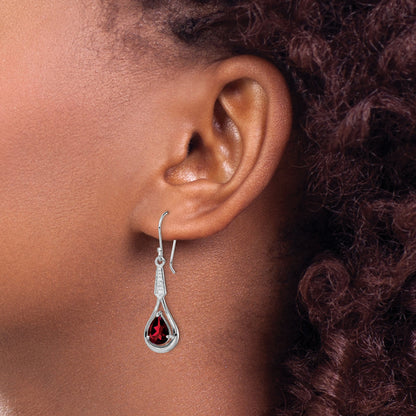 Sterling Silver Rhodium-Plated Cz And Garnet Shepherd Hook Earrings